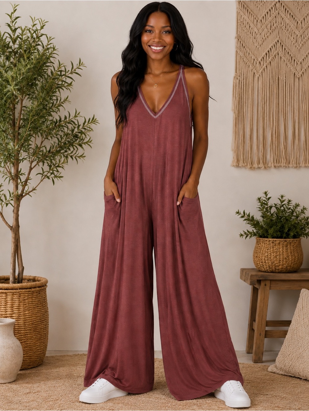 NATURAL LIFE Rust Brown V-Neck Wide Leg Jumpsuit